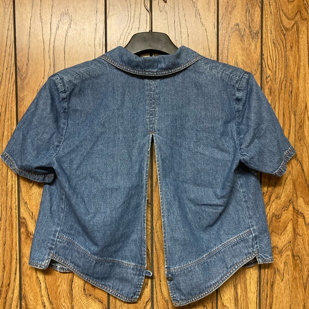 Jessica Howard Women’s Blue Denim Short Sleeve Button Up Jacket w Open Back M - Picture 2 of 7